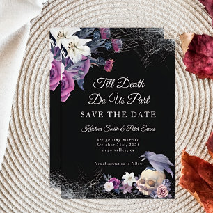 Save The Date Mariage élégant noir violet gothique floral crâne