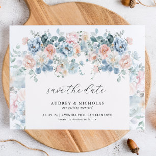 Save The Date Mariage Élégant Romantique aux Florales Bleu Pouss