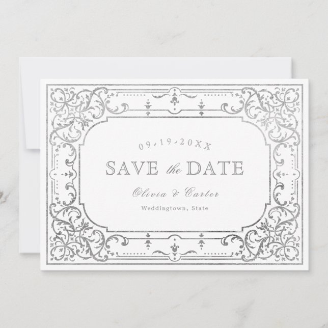 Save The Date Mariage élégant romantique orné d'argent (Devant)