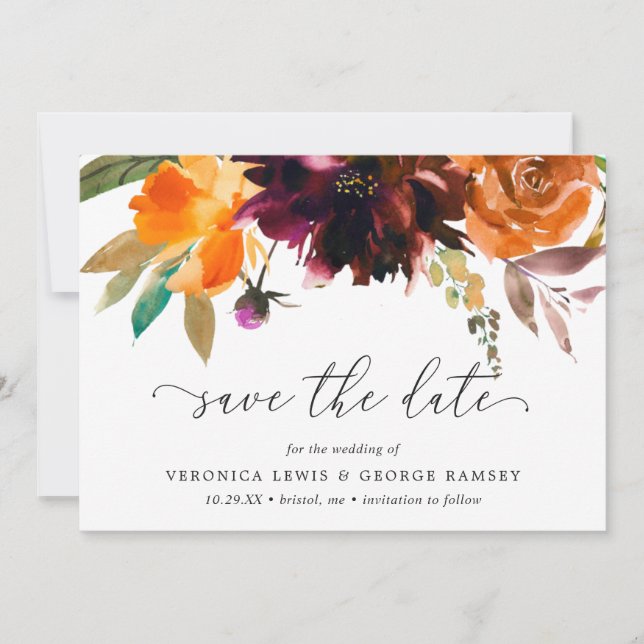 Save The Date Mariage Élégant Rustique Floral Automnal Orange Br (Devant)