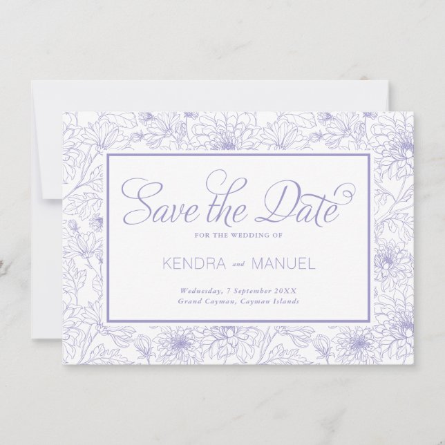 Save The Date Mariage Élégant Toile Fleurie Violet Lilas (Devant)