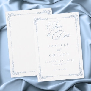 Save The Date Mariage Élégant Vintage Baroque Bleu Poussiéreux
