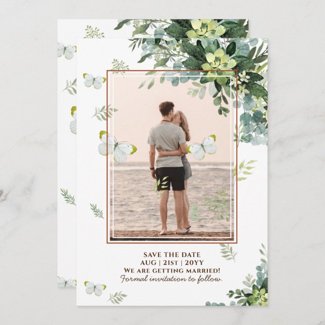 Save The Date Mariage émeraude Feuille chic Eucalyptus (Devant / Derrière)