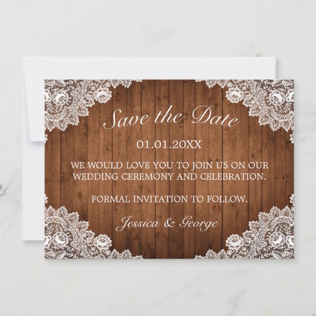 Save The Date Mariage en bois rustique et dentelle blanche (Devant)
