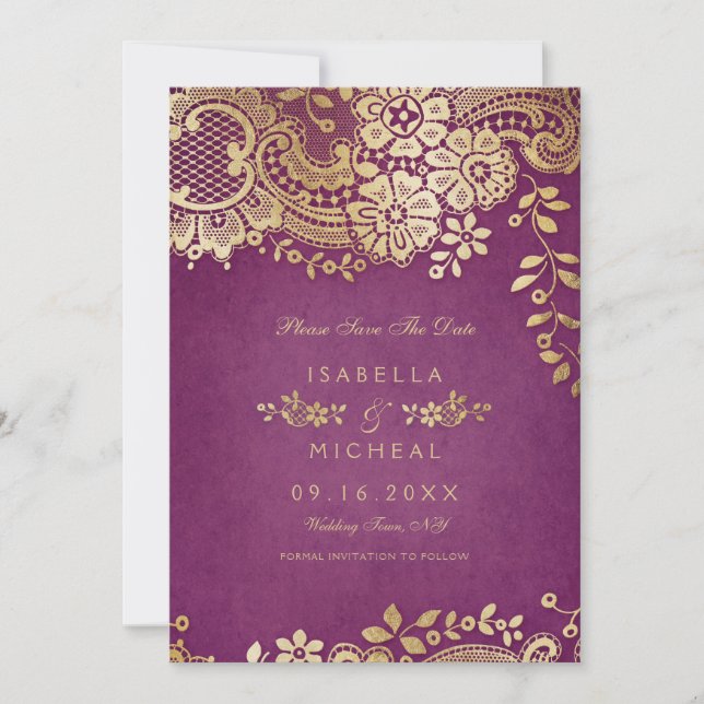 Save The Date Mariage en dentelle violet or élégant enregistrer  (Devant)