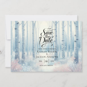Save The Date Mariage en forêt de bouleau bleu givré