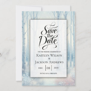 Save The Date Mariage en forêt de bouleau bleu givré