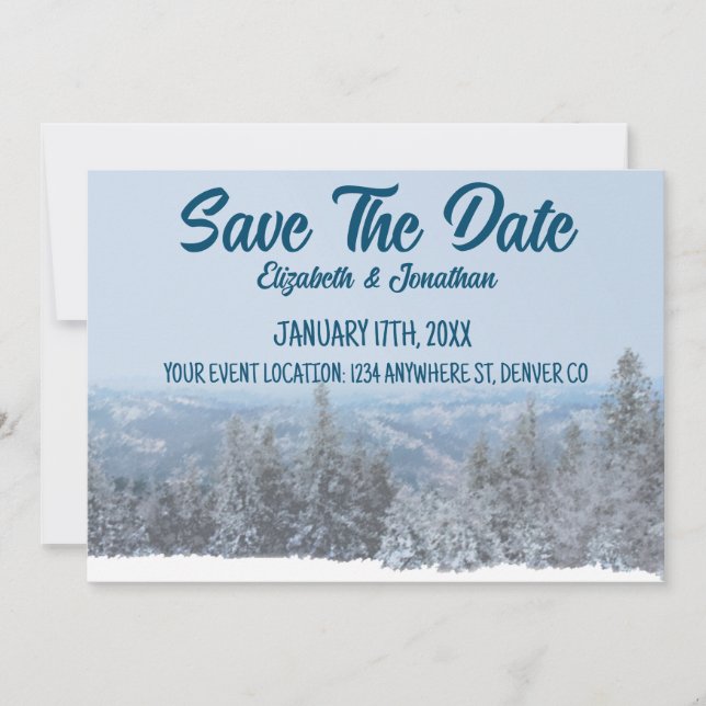 Save The Date Mariage en forêt enneigée de montagne Enregistrer  (Devant)