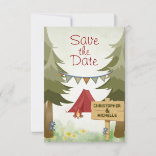 Save The Date Mariage en forêt sous tente rouge de camping