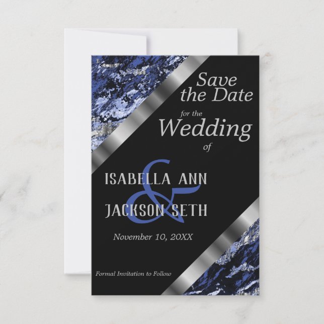 Save The Date Mariage en marbre bleu foncé et argent (Devant)