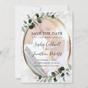 Save The Date Mariage en marbre Eucalyptus Photo Gold Frame