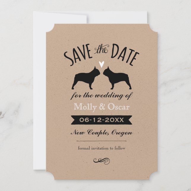 Save The Date Mariage en silhouettes Bulldog français Enregistre (Devant)