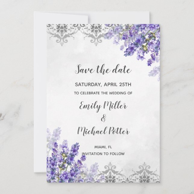 Save The Date Mariage Enregistrer La Date Aquarelle Lavande (Devant)