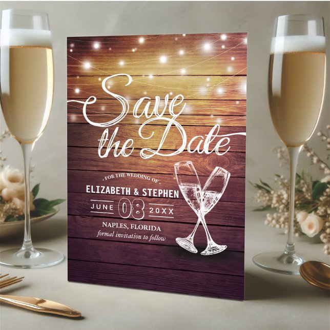 Save The Date Mariage Enregistrer La Date Champagne Verres Bois  (Créateur téléchargé)