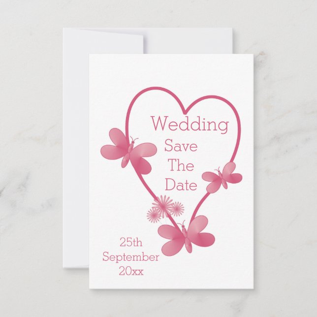 Save The Date Mariage Enregistrer La Date Coeur Rose Et Papillon (Devant)