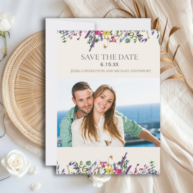 Save The Date Mariage Enregistrer la date Photo Aquarelle Fleurs (Watercolor wildflowers wedding Save the Date photo card)
