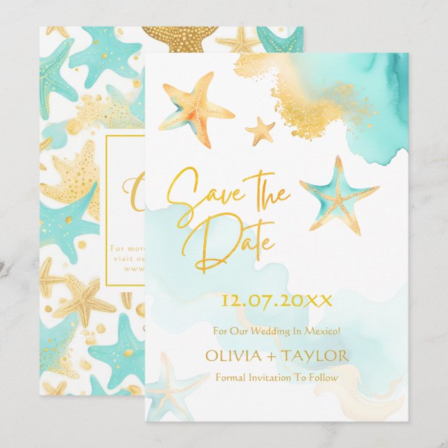Save The Date Mariage étoile de mer aquarelle bleu turquoise et  (Devant / Derrière)