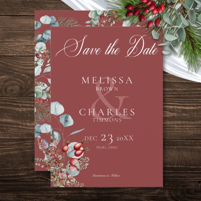 Save The Date Mariage Eucalyptus aux baies de pin rouge (Red Winter Pine Berries Eucalyptus Wedding Save The Date)