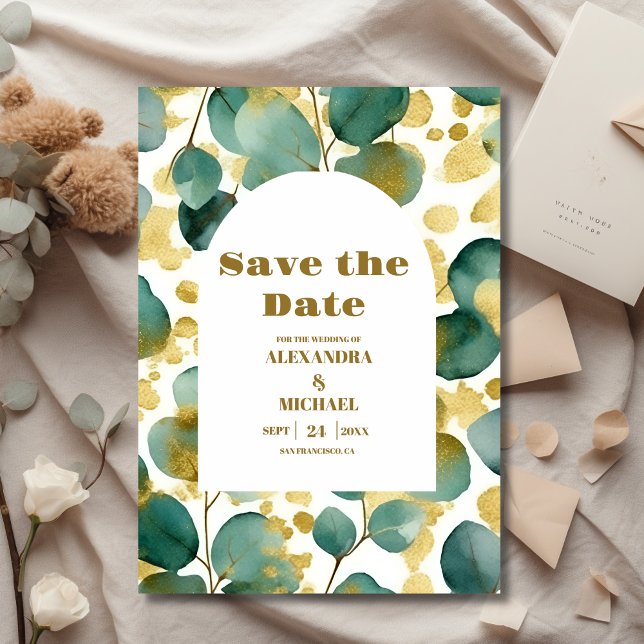 Save The Date Mariage Eucalyptus Parties scintillant or vert (Créateur téléchargé)
