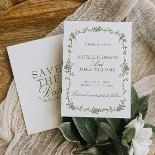 Save The Date Mariage Fancy Vert Olive Blanc Floral Vieille Fort