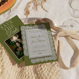 Save The Date Mariage Fantaisie de dentelle vert olive vintage