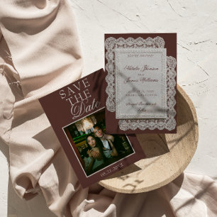 Save The Date Mariage Fantaisie en Dentelle Marron Chocolat Vint