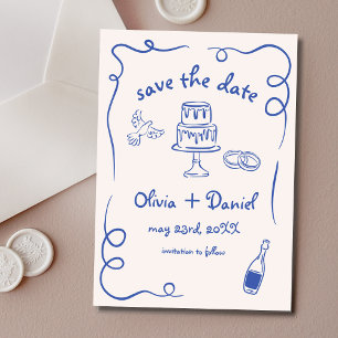 Save The Date Mariage Fantaisiste Dessiné à la Main Bleu Marine 