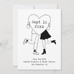Save The Date Mariage Fantaisiste Noir & Blanc. Dessin à Main Gr