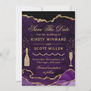Save The Date Mariage Faux Marbre Agate Violet & Or