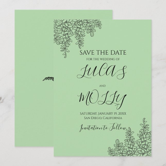 Save The Date Mariage Feuille de Fougère Vert Sage (Devant / Derrière)