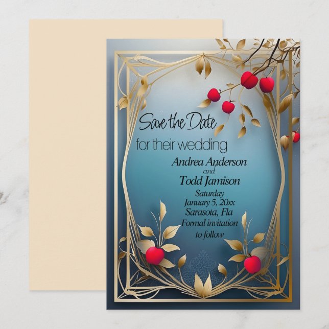 Save The Date Mariage feuille d'or aux pommes rouges (Devant / Derrière)