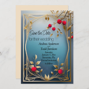 Save The Date Mariage feuille d'or aux pommes rouges