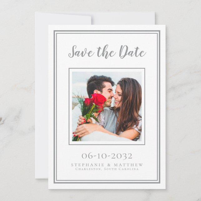 Save The Date Mariage Fiançailles Couple Photo moderne Blanc gri (Devant)