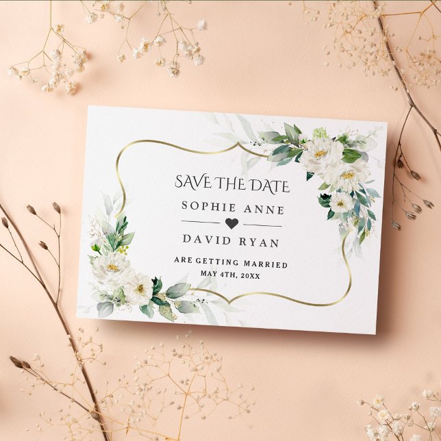 Save The Date Mariage Fleur Blanche Florale Aérienne Aquarelle  (elegant trendy modern white flowers gold save the date invitation)