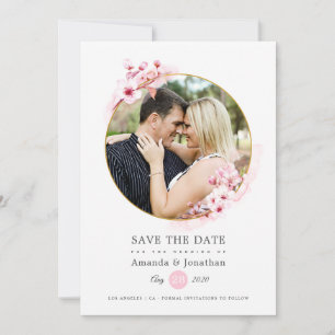 Save The Date Mariage Fleur de Cerisier Géométrique Rose Printem