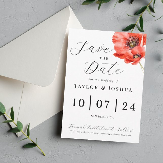 Save The Date Mariage Fleur de Pavot Rouge Moderne Économisez la (Créateur téléchargé)