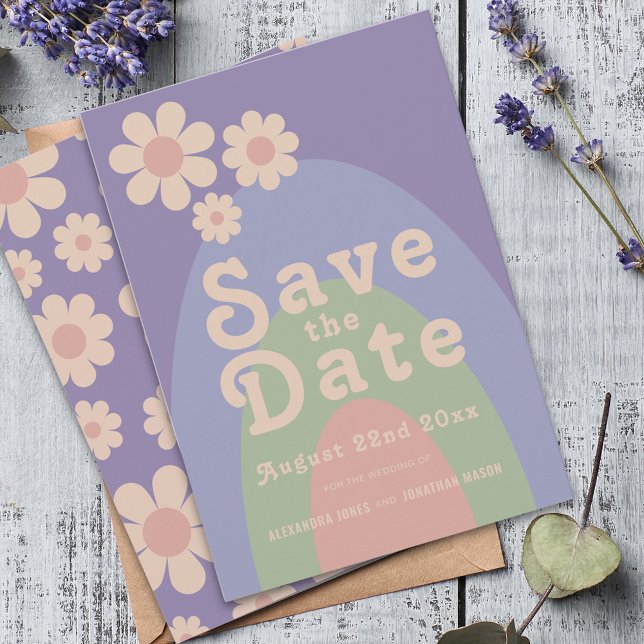 Save The Date Mariage Fleur Moderne Rétro (Modern retro daisy arch pastel wedding save the date invitation)