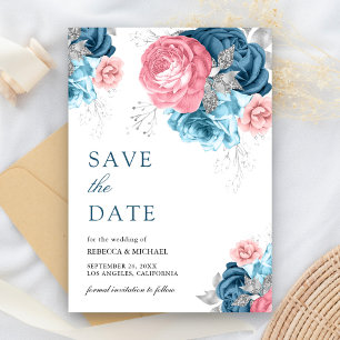 Save The Date Mariage Fleur Rose Floral Rose Bleu Poussiéreux