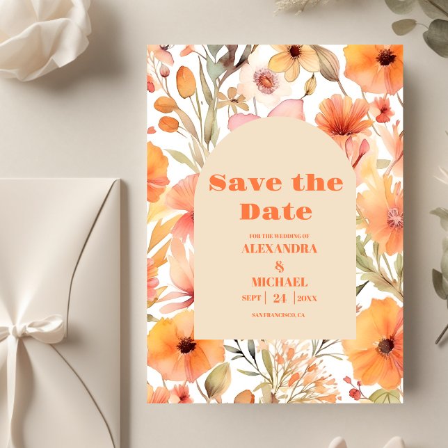 Save The Date Mariage Fleur sauvage Aquarelle rose orange (Créateur téléchargé)