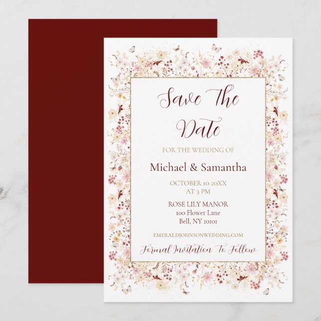 Save The Date Mariage Fleur sauvage de Bourgogne et Blush (Devant / Derrière)