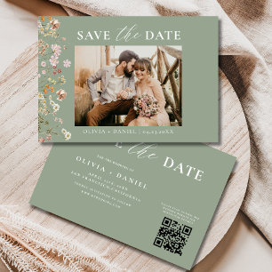 Save The Date Mariage Fleur sauvage de code QR Sage Green