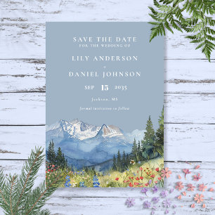Save The Date Mariage Fleur sauvage Dusty Blue Watercolor Mounta