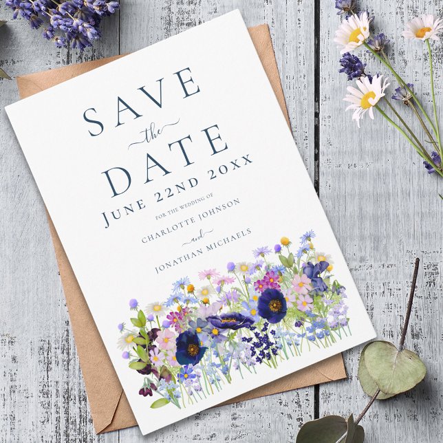 Save The Date Mariage Fleur sauvage moderne (Colorful wildflower meadow blue wedding save the date invitation )
