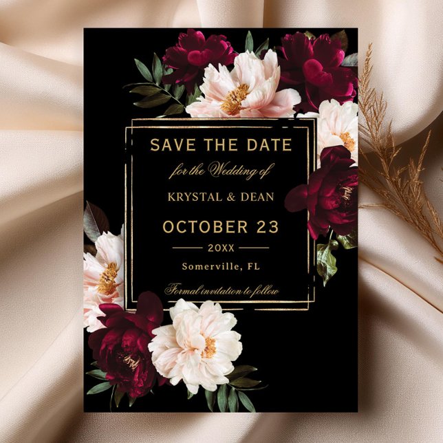 Save The Date Mariage Fleurie Noir Blush Bourgogne Sombre (dark moody blush burgundy peonies floral flowers black gold wedding save the date printed cards file)