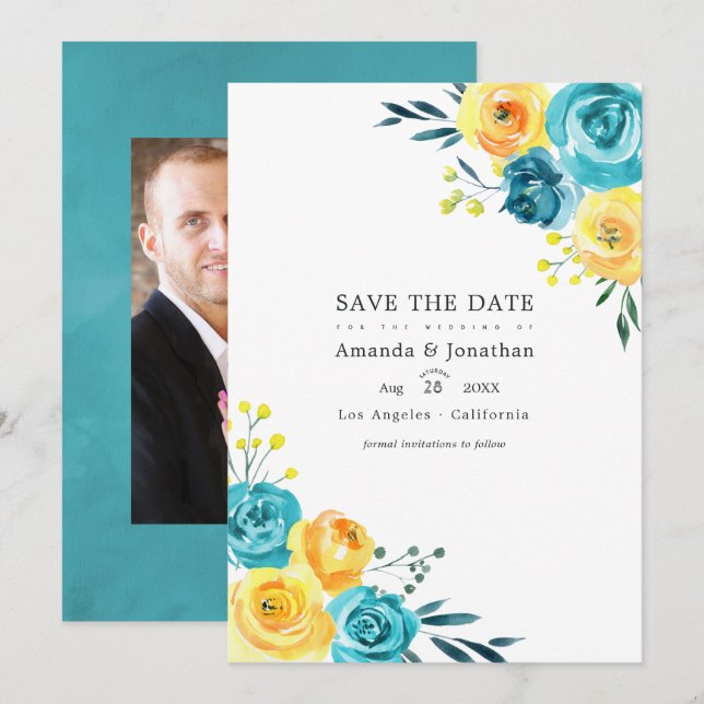 Save The Date Mariage Fleuris Aquarelle Turquoise et Jaune (Devant / Derrière)