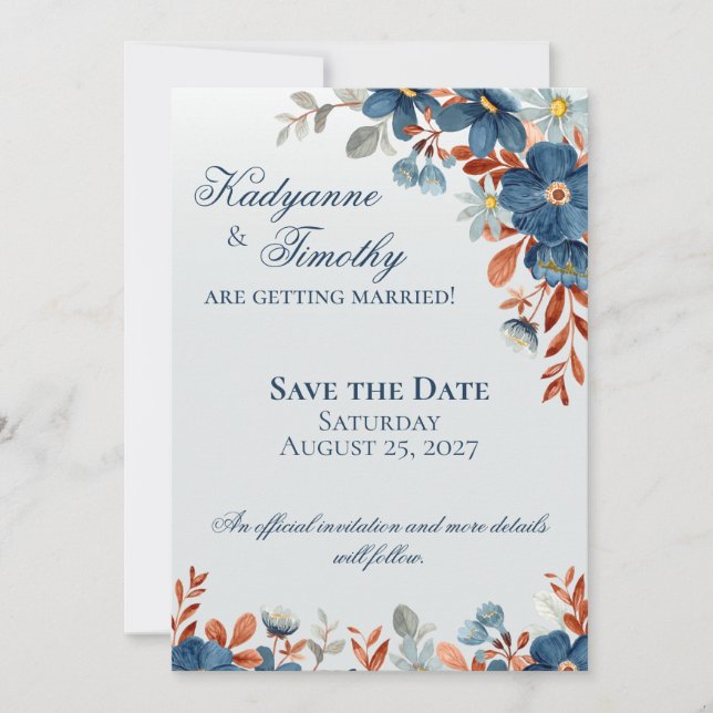 Save The Date Mariage Fleuris Bleu Jacinthe et Cuivre (Devant)