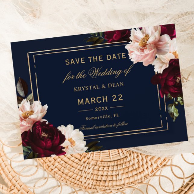 Save The Date Mariage Fleuris Bleu Nuit Burgundy Blush Sombre (Créateur téléchargé)