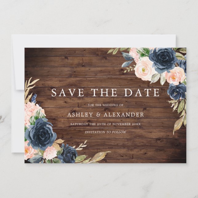 Save The Date Mariage Fleuris Navy Blush Rustique (Devant)
