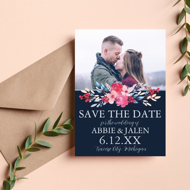 Save The Date Mariage Fleuris Rose et Bleu Poussiéreux Élégant (Créateur téléchargé)