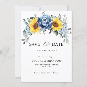 Save The Date Mariage Fleuris Tournesol Bleu Ardoise Pivoine